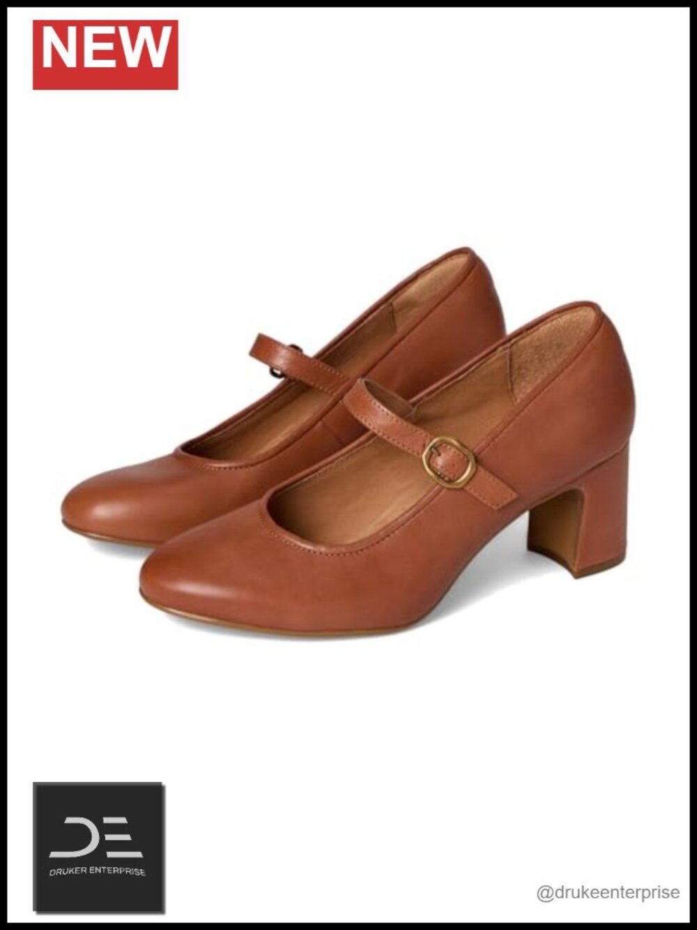 Leather Block Heel Pumps with Adjustable Buckle Strap